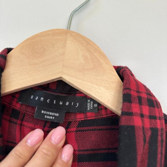 Sanctuary Plaid Snap Front Long Sleeve Shirt Red Black S - Picture 6 of 9
